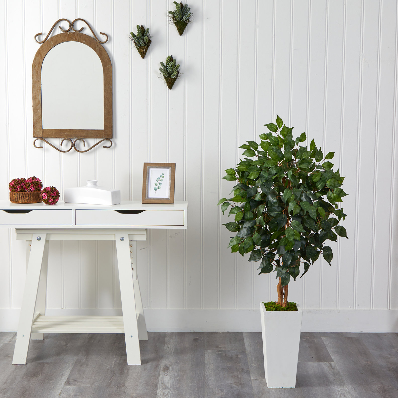Faux Ficus Tree in Clay Planter, White, 48" H x 28" W x 26" D