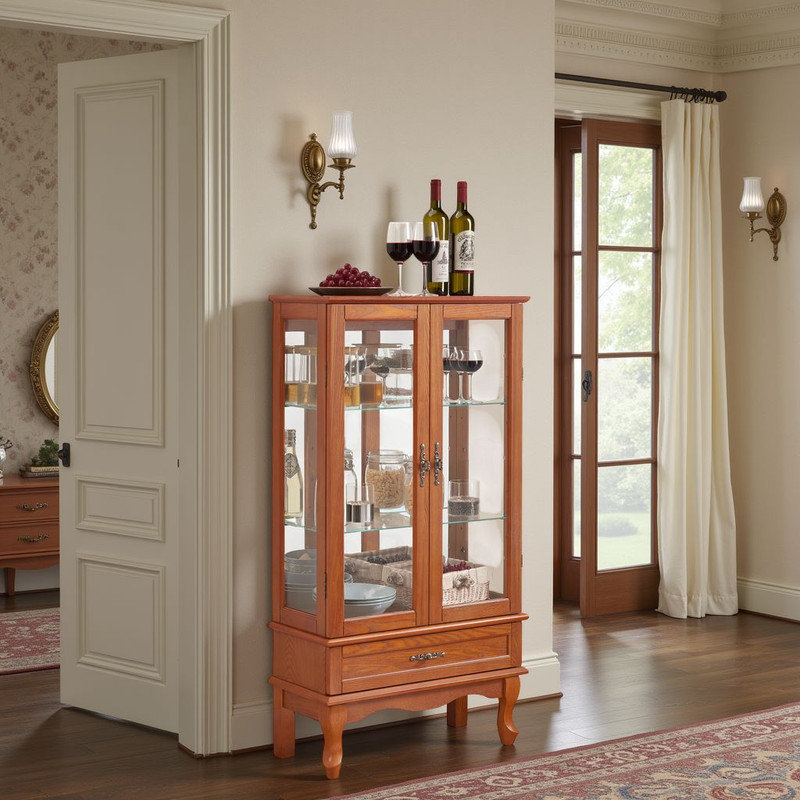 ??Lighted Display Cabinet – Adjustable Shelves, Glass Doors & Vintage Drawer?, Brown