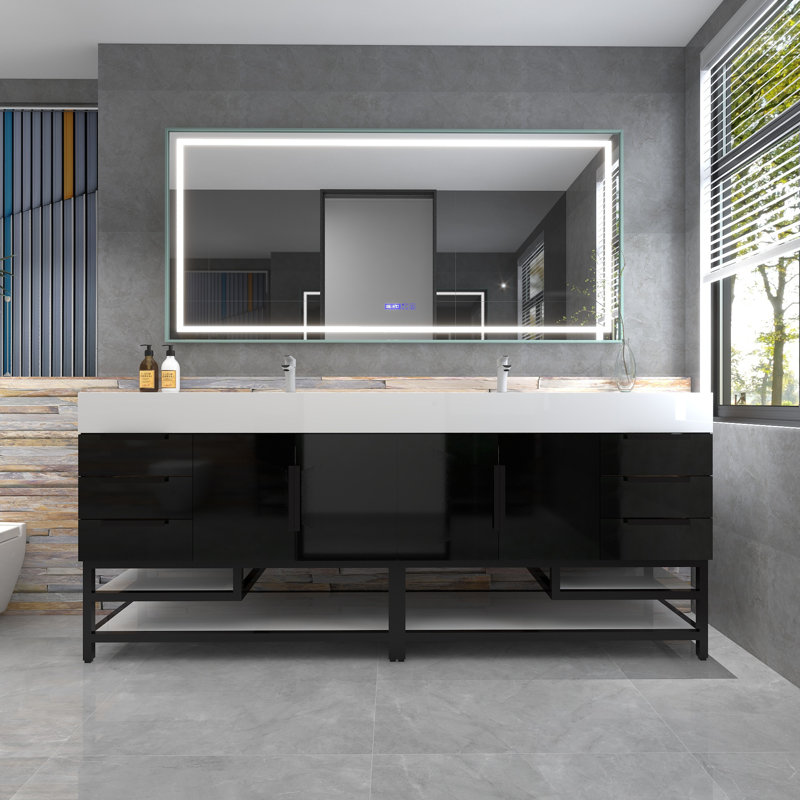 Finition du meuble-lavabo sur pied simple 84 po Jessica / Base: Chêne teck, Noir brillant