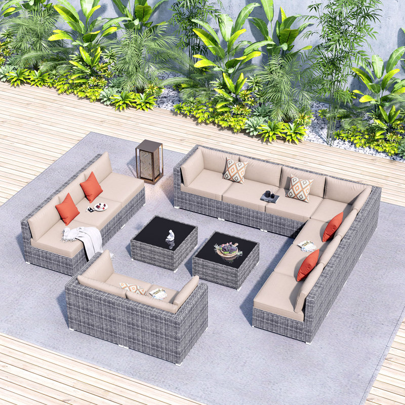 12-Person Outdoor Sectional With Cushions,All-Weather Wicker Patio Set, Beige