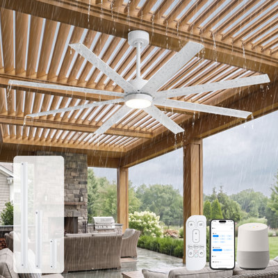 56 inch White Ceiling Fan with Light, Waterproof Outdoor Fans for Patios, 6 Speed Quiet Reversible DC Motor Modern Smart Fan for Indoor Outside Bedroom Kitchen Garage