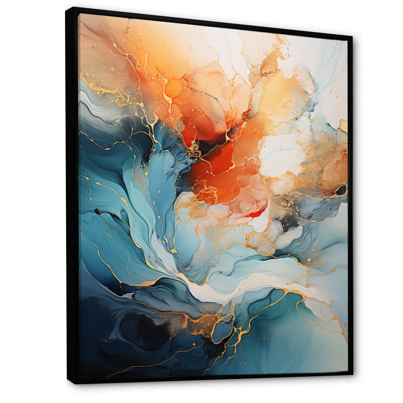 Teal Orange Bold Abstract Flow Collage II - Dams, impressions encadrées, H 40 po x l 30 po, Reproduction avec cadre flottant