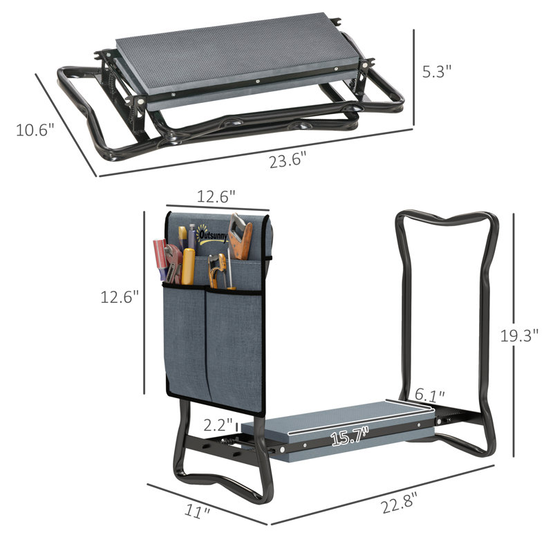Garden Kneeler, tabouret, banc à genoux, 1 grande poche à outils latérale et conception pliable pour le rangement, gris