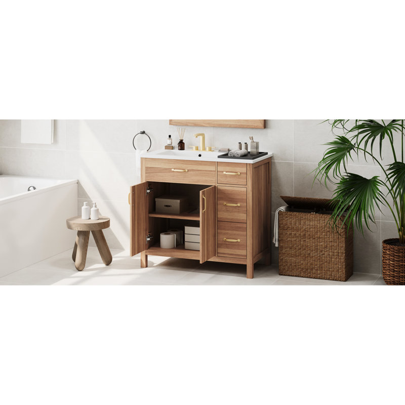 Meuble-lavabo contemporain de 36 po en bois, portes et tiroirs à fermeture en douceur, lavabo en céramique, tablette ajustable pour petits espaces de salle de bain, structure solide, 2 portes, 3 rangements compacts