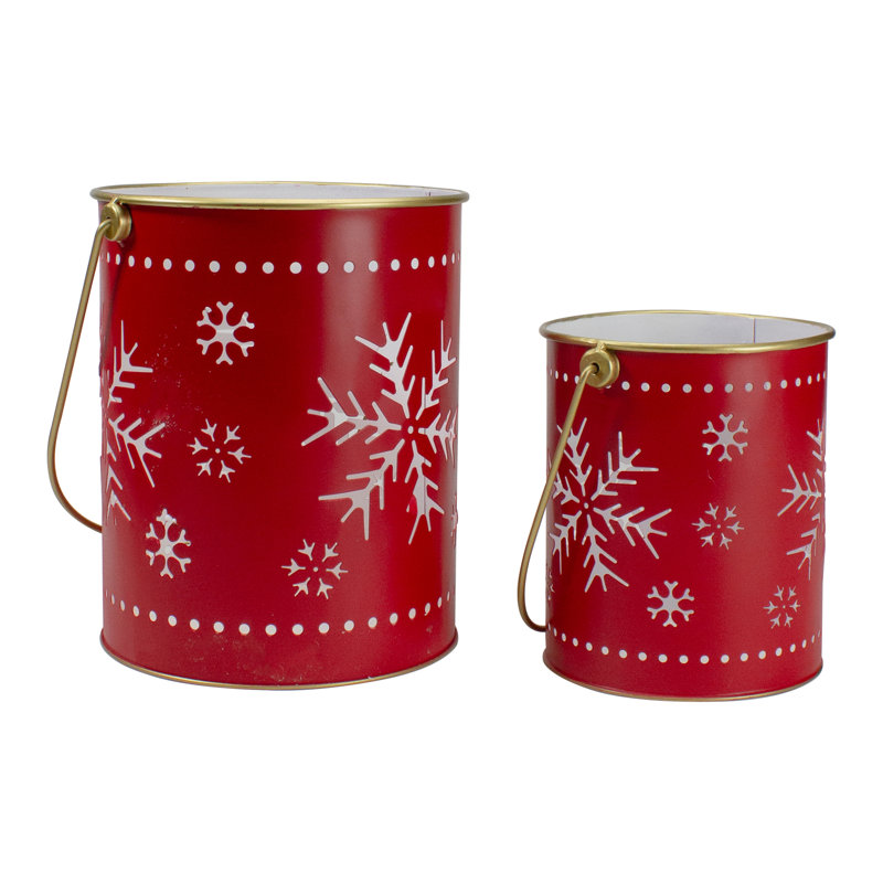 Ensemble de 2 lanternes en forme de flocon de neige en métal rouge et or