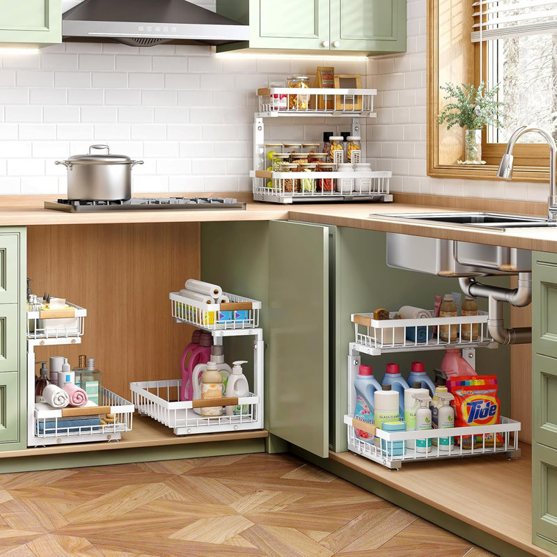 White Expandable Under Sink Organizer with Sliding Shelves