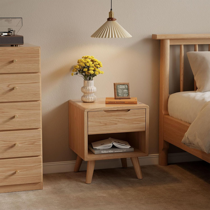 Table de chevet Mid-Century moderne en bois massif avec tiroirs, bords courbés polis à la main, surface imperméable, assemblage facile, table de chevet compacte pour la chambre à coucher et le salon