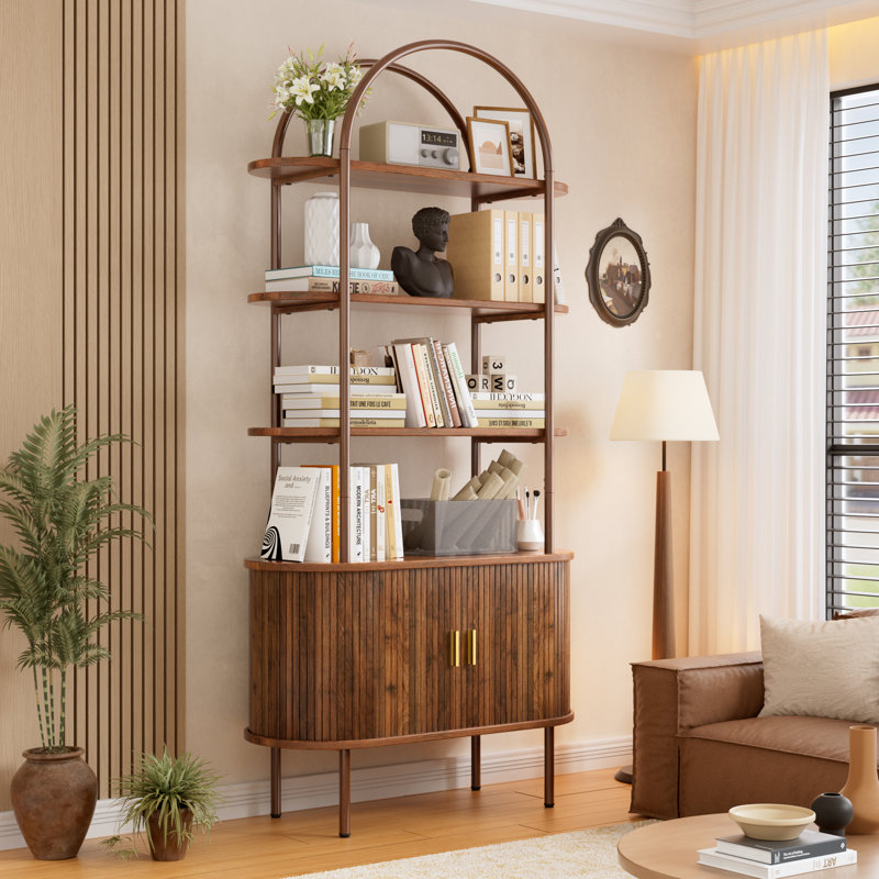 71" Tall Fluted Arched Bookshelf With Sliding Tambour Doors, Arched Bookshelf 4-tier Open Display Storage Shelf, Mid Century Modern Metal Curved Cabinet For Living Room, Home Office, Bedroom