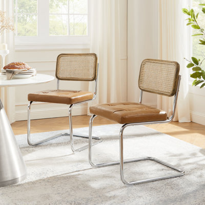 Lidda Mid-Century Modern Tufted PU Leather Upholstered Dining Side Chair with Cane Rattan Back