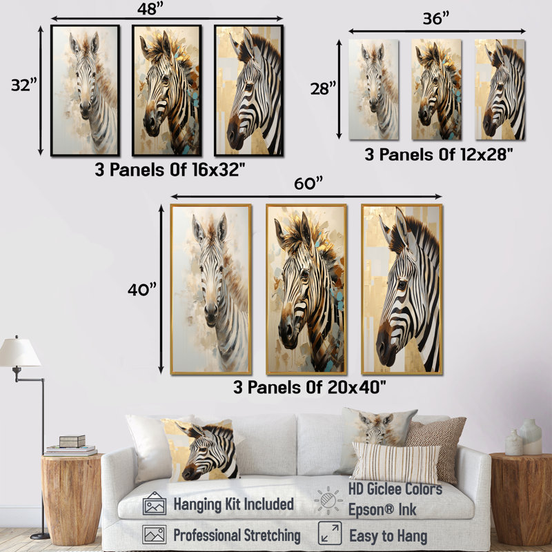 Beige et doré couleur zébrée - ensemble de 3 impressions sur toile zébrées, H 28 po x l 36 po, Cadre flottant noir