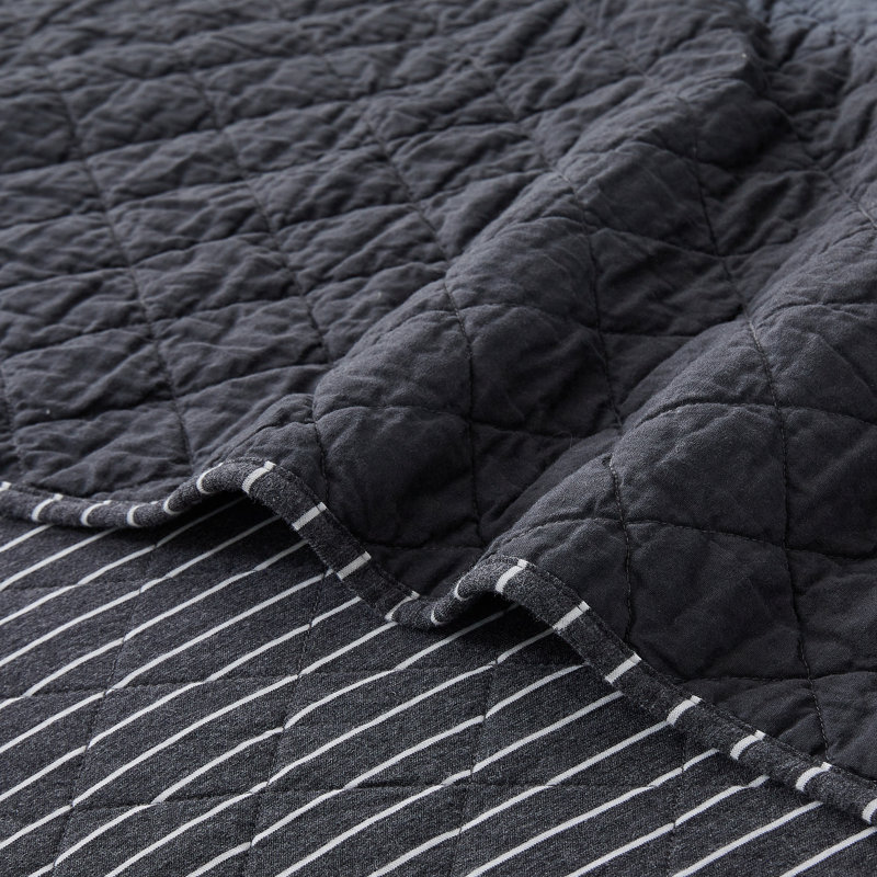 Pinstripe Black Cotton Reversible Full Quilt Set