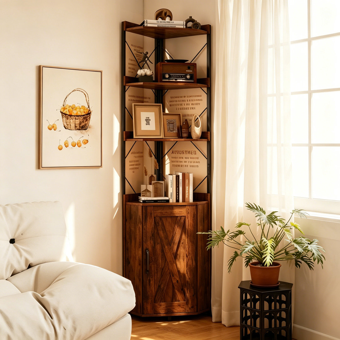 Tall Corner Storage Shelf, 6-Tier Freestanding Narrow Bookcase with Cabinet Door and Anti-Tipping Kit, Industrial Wooden Display Bookshelf, Multipurpo