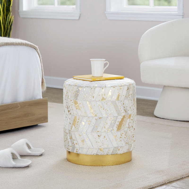 Leather Ottoman In Gold Metal And Ivory Leather With Gold Splatter