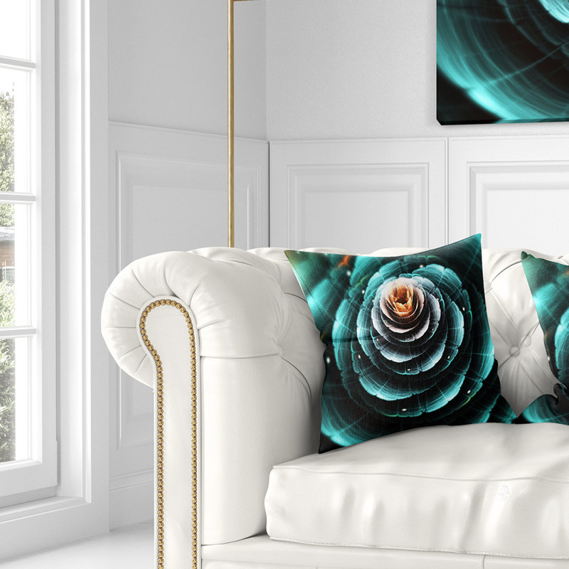 Fractal Flower Clear Turquoise Art - coussin imprimé floral, Carré, 16 po x 16 po