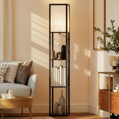 Yvonne Floor Lamp Reading Lamp with 3-Tier Storage Shelf for Home Office, Black