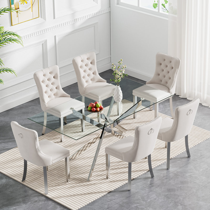 Darlene 60" Glass Dining Table Set Modern Dining Room Table Set  X-Shape Pedestal Glass Table with Dining Chairs, Dining Set for Dining Living Room