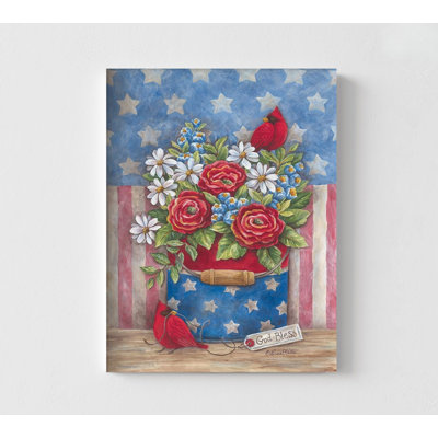 American The Beautiful By Diane Kater, Northern Cardinal Bird Poster Print, Proud American Home Decor, Delicate Red Flower Artwork