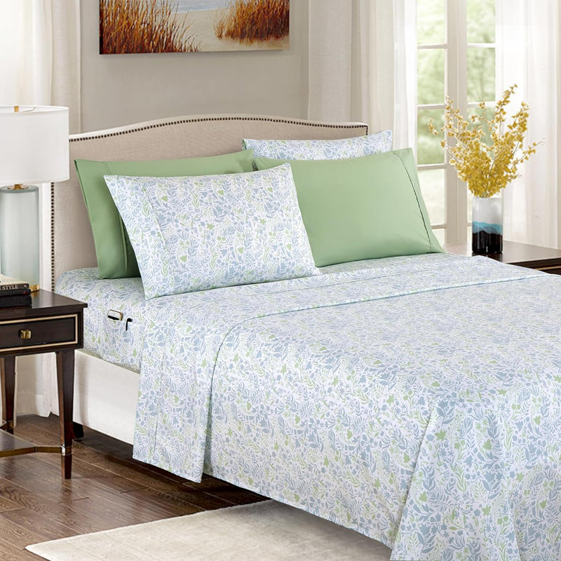 Polyester Floral Sheet Set, Cal.King Sheet Set +1 Fitted Sheet+4 Pillowcases