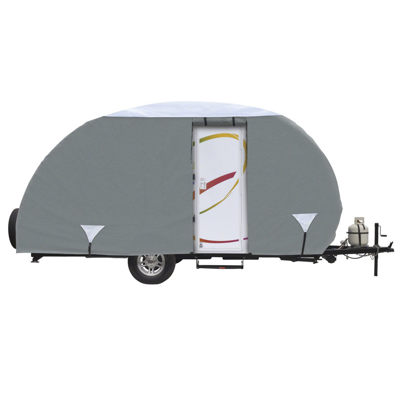 Gray and White PolyPRO3 Travel Trailer Cover with Storage Bag