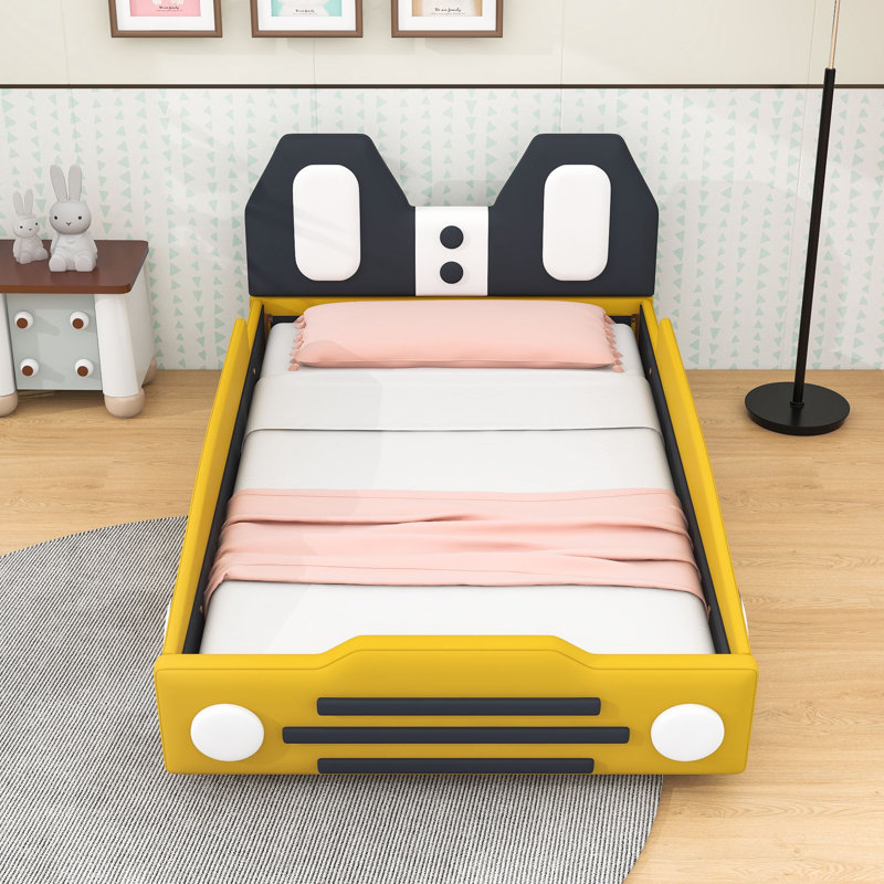 Twin-Size Race Car Platform Bed With Safety Rails And Headboard, Yellow