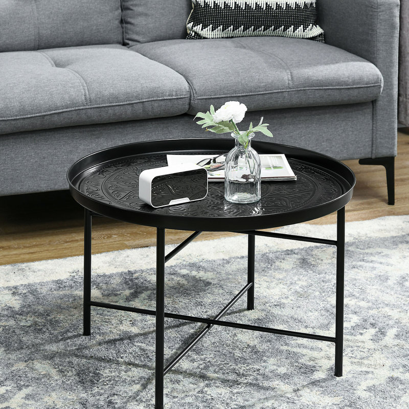 Table basse ronde de 24 po avec une touche de métal martelé, pour le salon, la chambre à coucher. Tendance et robuste, motif noir, élégant