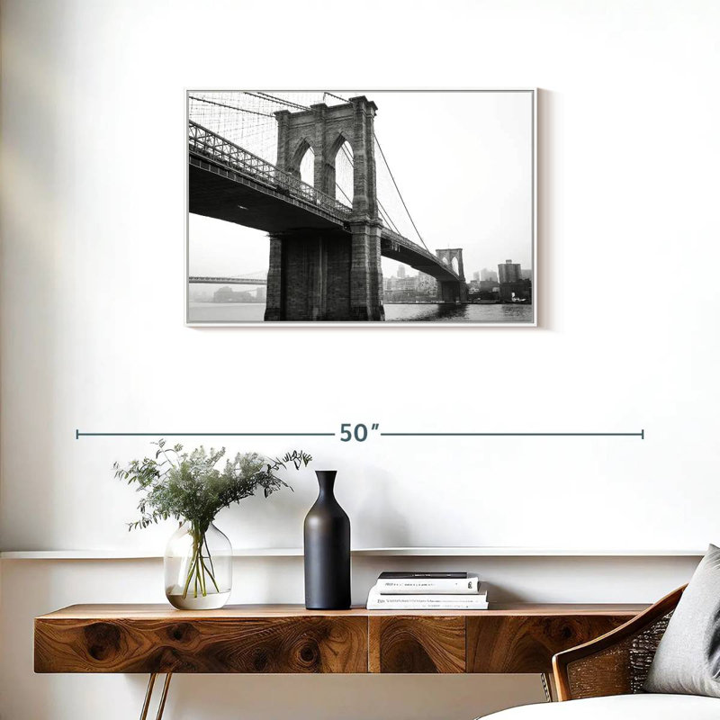 Pont monochromatique de Brooklyn, 31 po x 21 po, Cadre flottant blanc