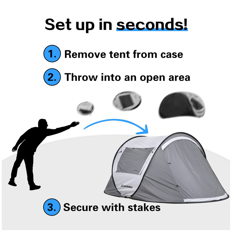 Tente de camping 2 personnes Pop Up, Blanc / Gris