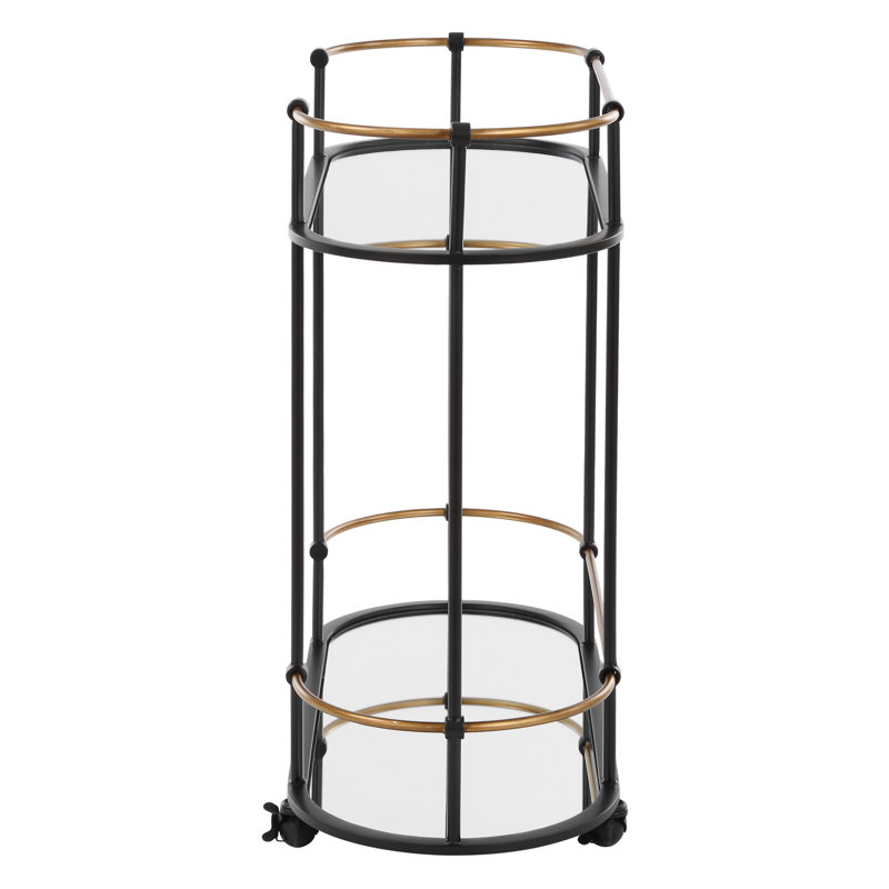 Oval Black Iron Bar Cart with Mirrored Shelves