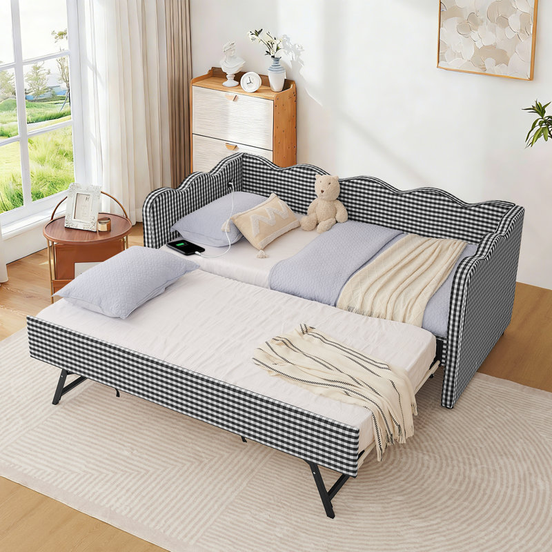 Twin to King Daybed with Trundle,Linen Upholstered Daybed with Pop Up Trundle Bed with USB Port,Modern Extendable Twin Day Bed Frame for Girls Bedroom Living Room Guest Room,No Box Spring Required