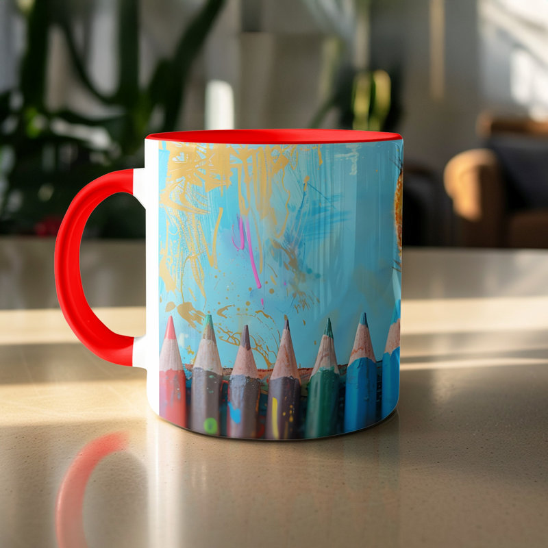 Kids Drawing Style 11oz Accent Mugs – Ceramic Coffee Cup with a Red Handle and Interior