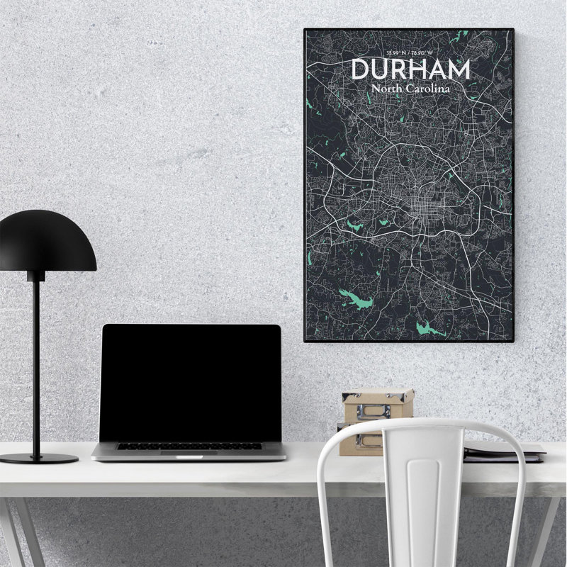 Durham City Map, impression, H 36 po x l 24 po, Vert/gris