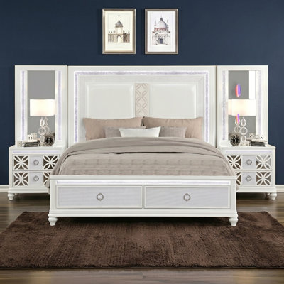 Ankara Modern Glam Upholstered Panel 3PC Bedroom Set with LED Headboard, LED Footboard, Mirror Top Nightstand, and Matching Case Pieces