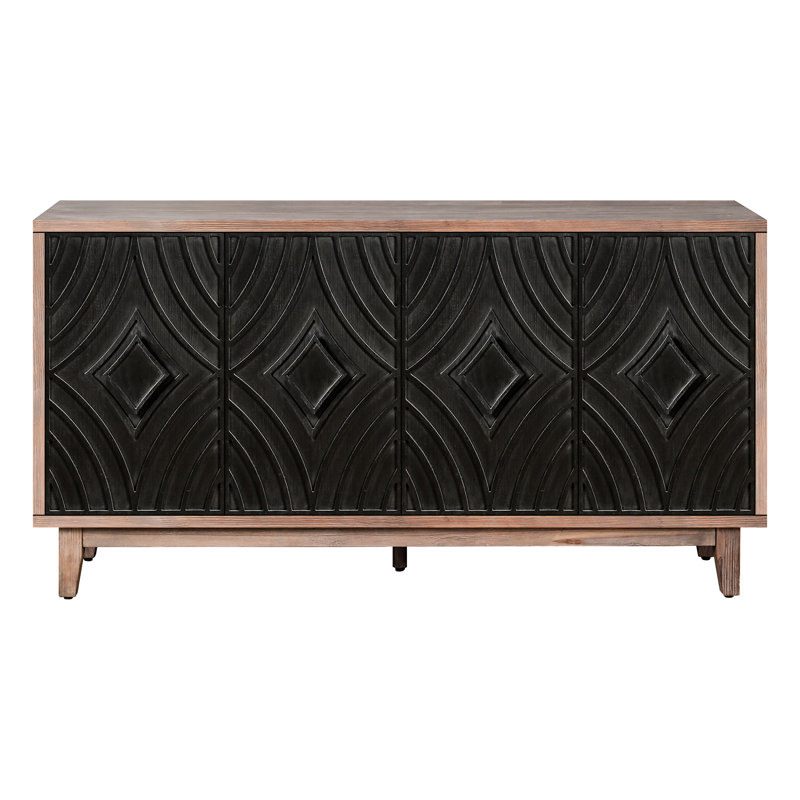 Buffet antique avec 4 portes à motif convexe et 2 tablettes - Fabrication en bois massif pour une grande durabilité, armoire de rangement de 60 po de large avec rangement noir