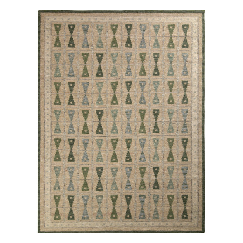 Scandinavian Hand Knotted Wool Geometric Area Rug, Rectangle 10' x 14'