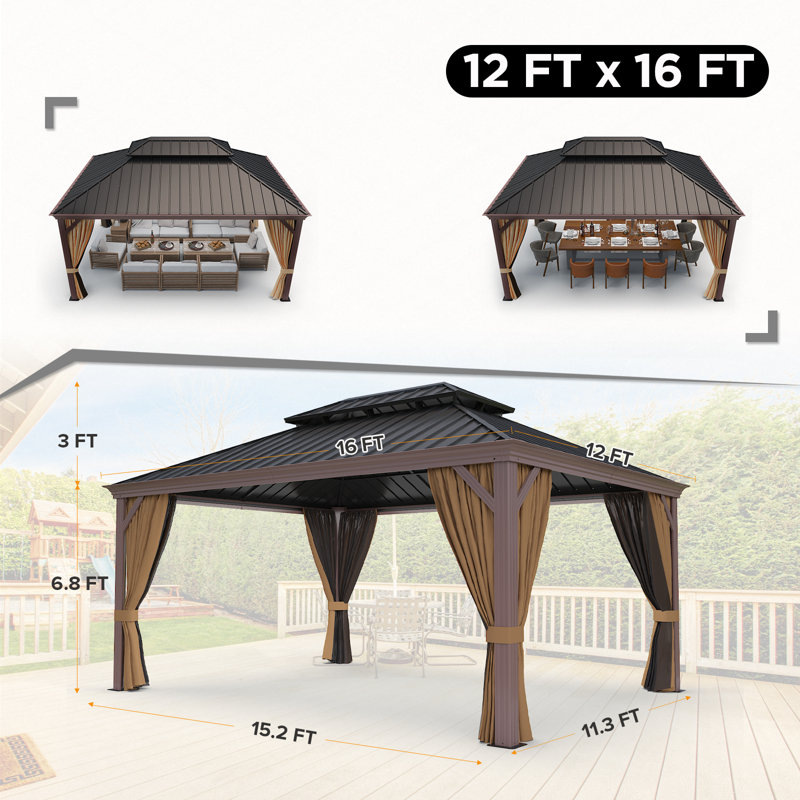 16 Ft. W x 12 Ft. D Steel Patio Gazebo, Hardtop Gazebo, Sand