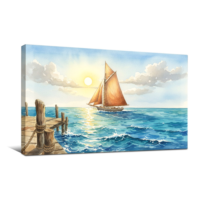 Voilier nautique et de plage sur l'océan au coucher du soleil près du quai, H 24 po x l 48 po