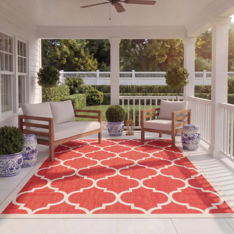Arneshia Geometric Red/Beige Indoor/Outdoor Area Rug, Rectangle 8' x 11'