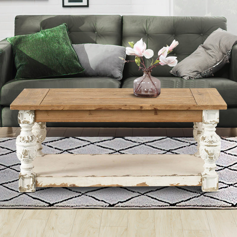 Whitewash Fir Wood Rectangular Coffee Table with Storage and Carved Legs