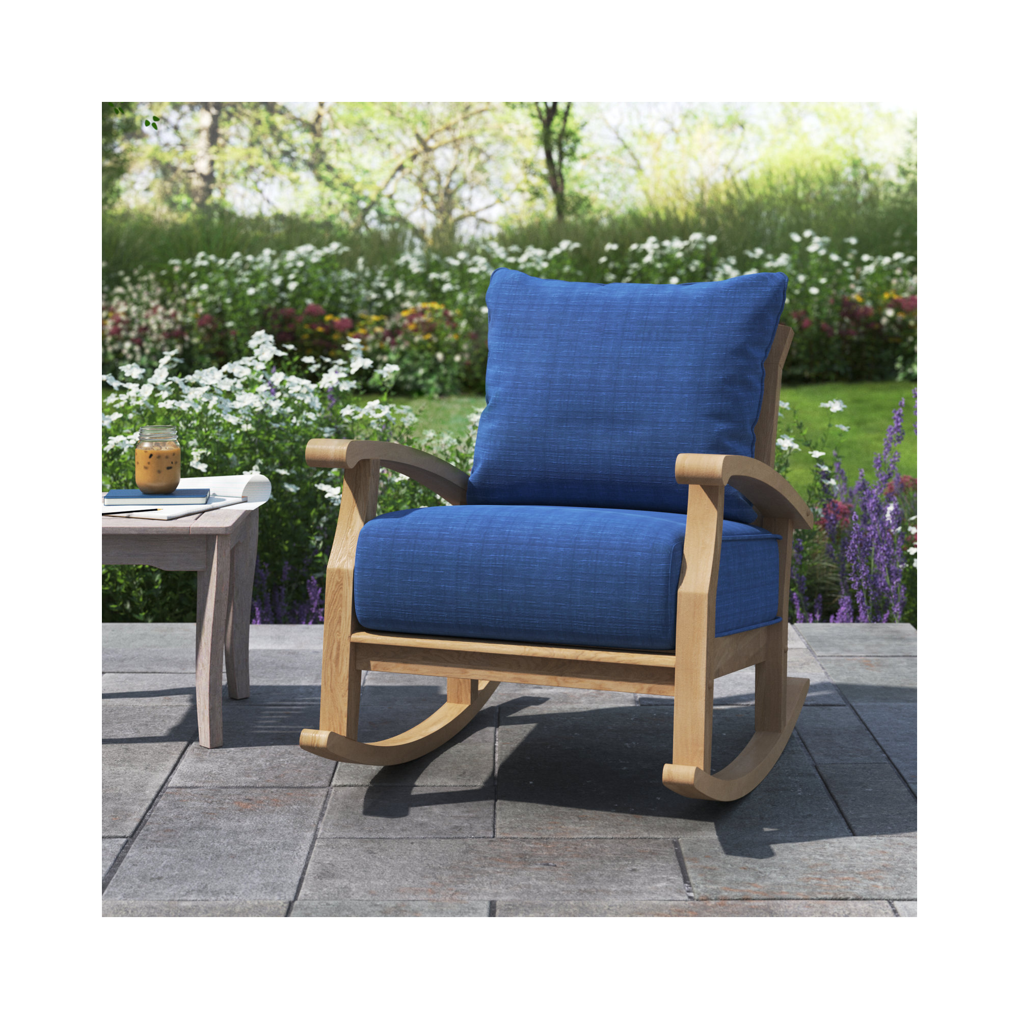 Summerton Teak Outdoor Rocking Chair with Cushions, Navy Performance Olefin, Natural