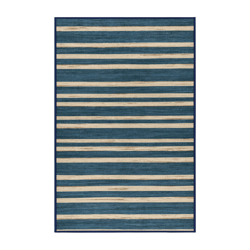 Washable Sea Blue Cream Striped Area Rug, Runner 2' x 4'
