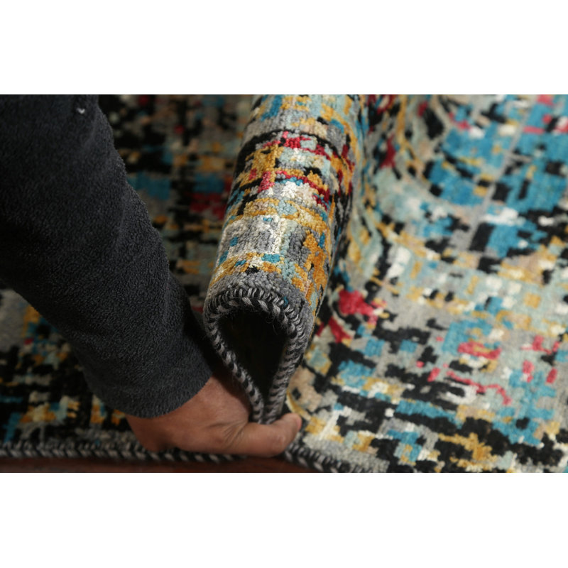 One-of-a-Kind 4'1" x 6'1" New Age Rectangle Silk and Wool Area Rug in Black and Blue