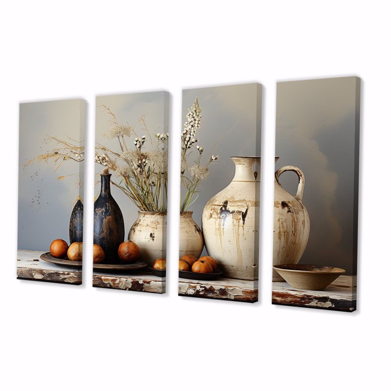 Art floral blanc potier rétro - art mural 4 pièces Boho Pottery, H 32 po x l 64 po