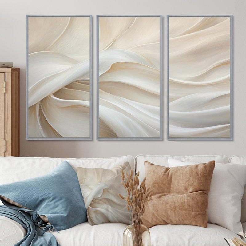 White Silk Fabric River - Fashion Canvas Wall Art Set, 28" H x 36" W, Silver Floater Framed