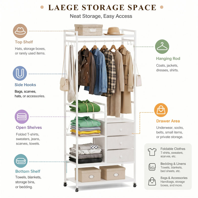 Freestanding Clothes Rail with 3 Drawers & 12 Hooks, Mobile Open Wardrobe, White Garment Rack80cm
