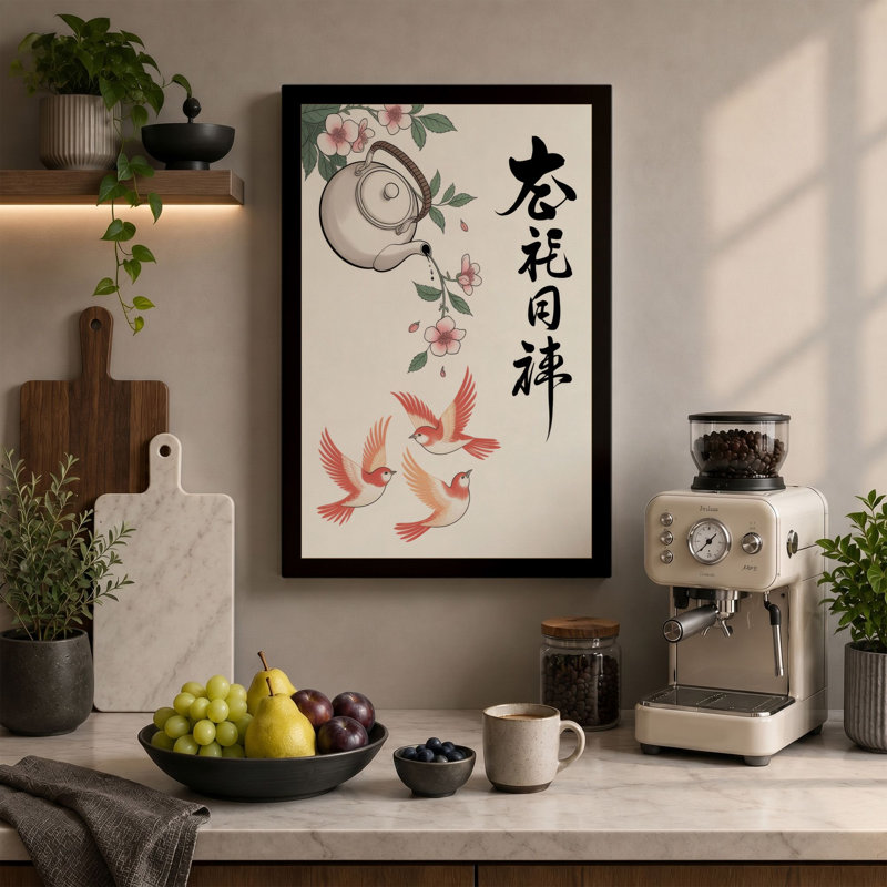 Teapot and Koi Japandi 1 Piece Wrapped Canvas Wall Art, 36x24 - 91.4 x 61.0 cm, White Border