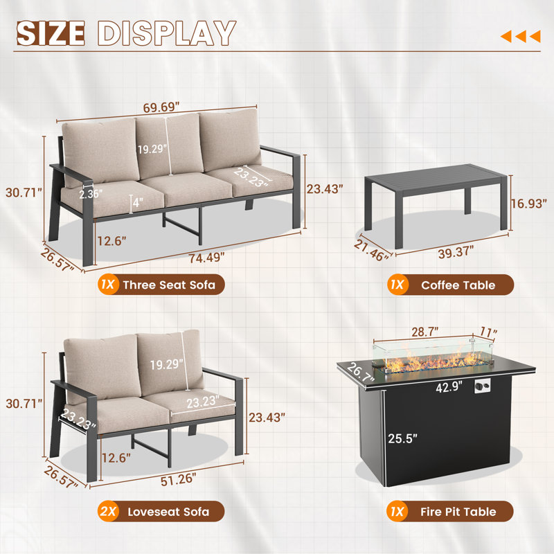 Aluminum Oudoor Sofa Set 7-Seat Patio Conversation Set with Coffee Table, Beige, Yes
