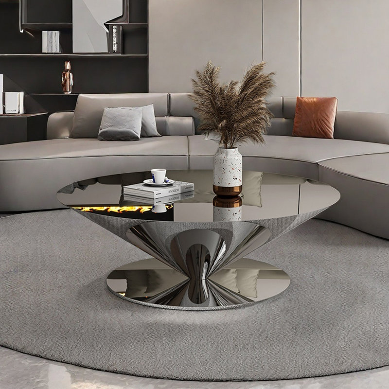 Stainless steel floating saucer coffee table, 13.8" H x 39.4" L x 39.4" W
