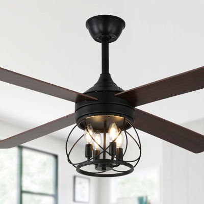 52" 4-Blade Farmhouse 6 Speeds Reversible DC Motor Caged Ceiling Fan with Lights and Remote Control