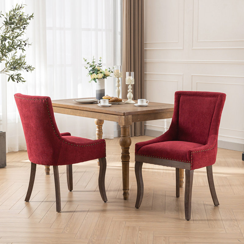 Eller Thickened Fabric Chairs With Neutrally Toned Solid Wood Legs, Wine Red