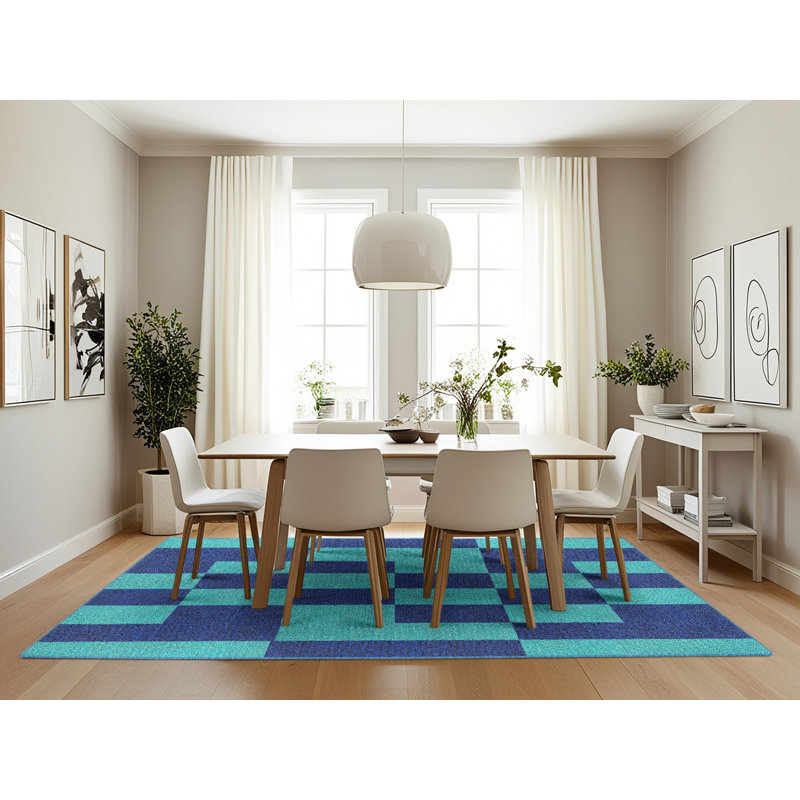 Tapis bleu/vert léger tissé à la machine, Rectangle 7 pi x 10 pi